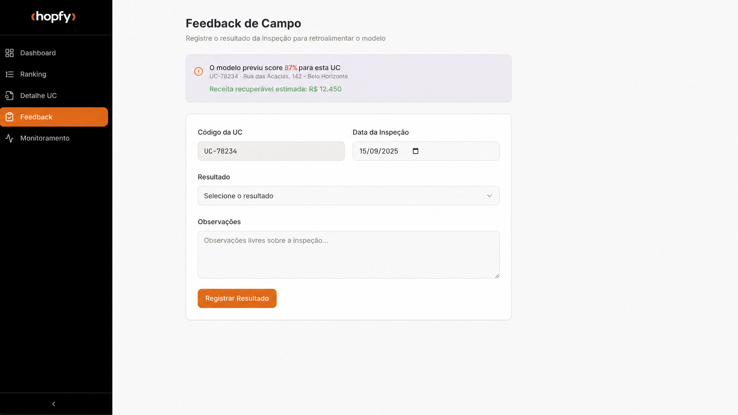 Pantalla de retroalimentación de campo de Hopfy